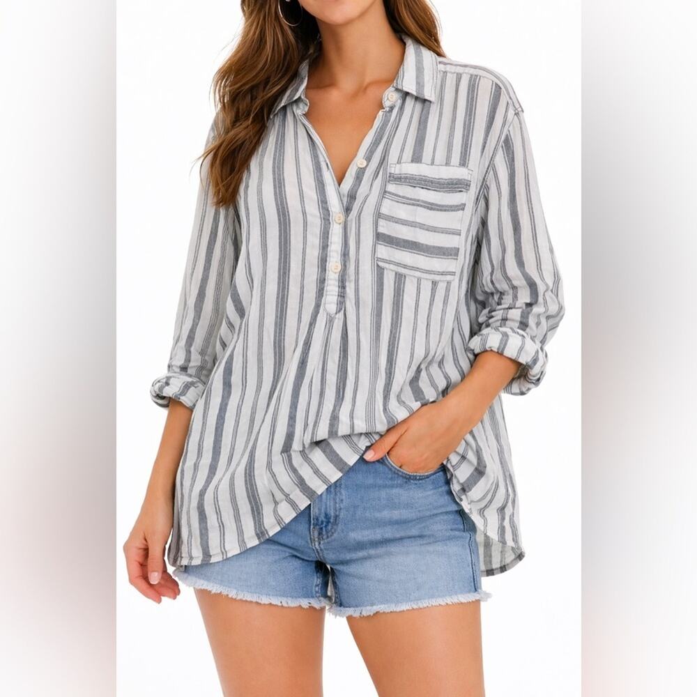 We The Free Summer Breeze Striped Linen Popover Shirt Size Medium